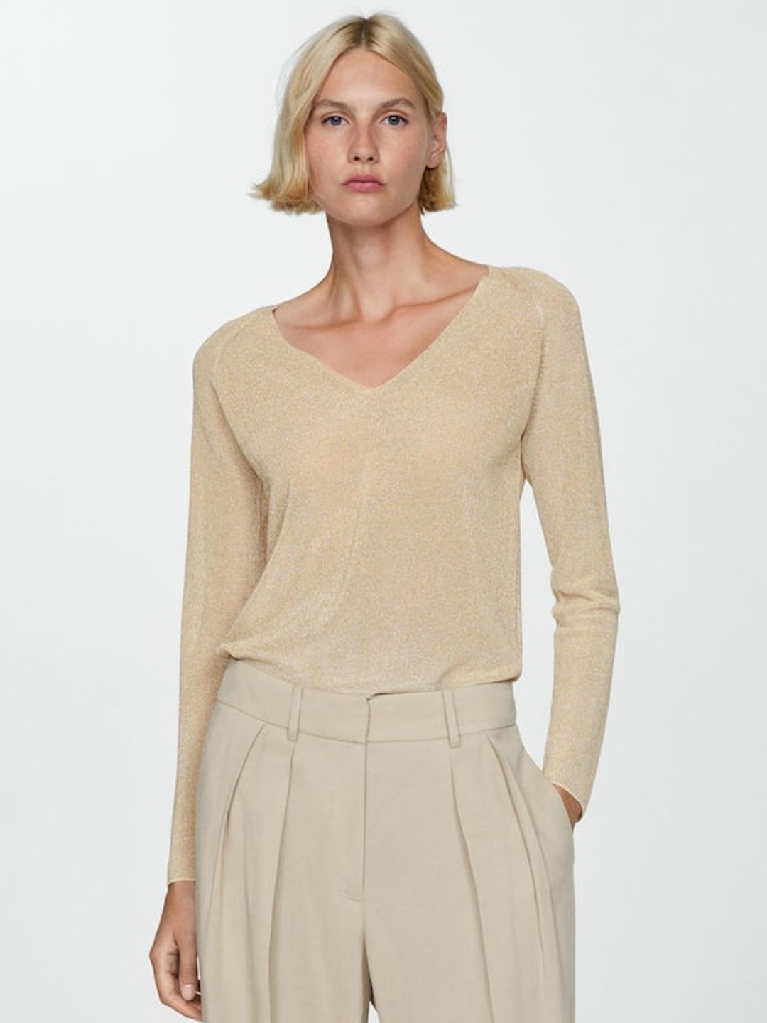 

MANGO V-Neck Shimmery Pullover, Beige