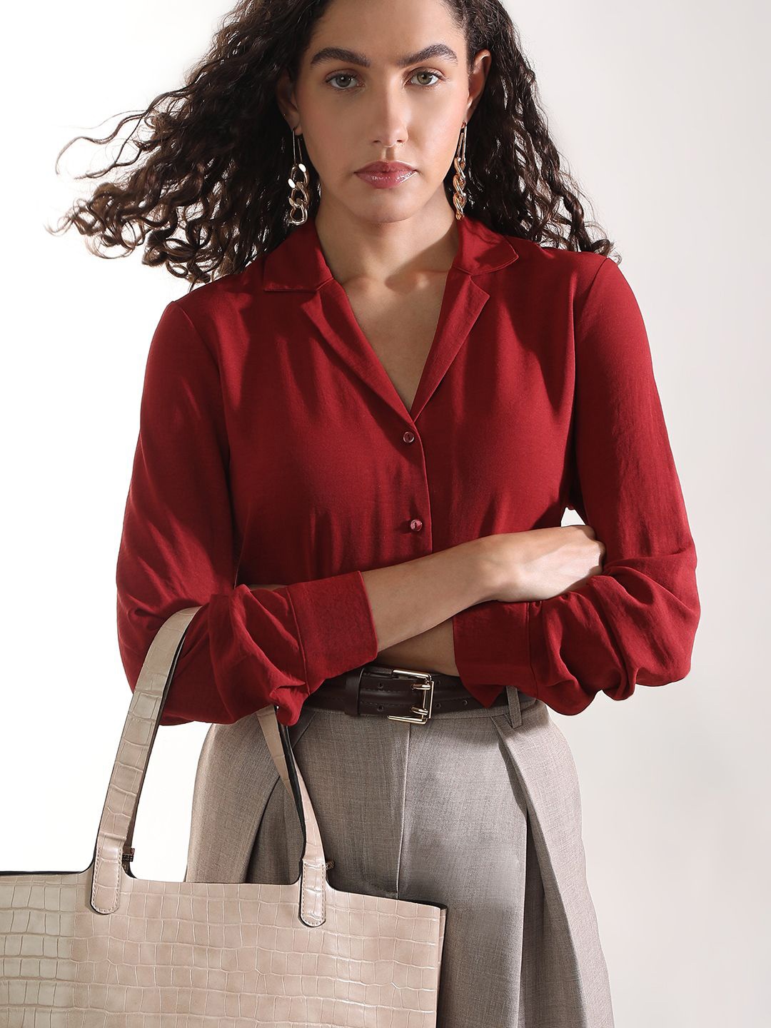 

Vero Moda Women Cuban Collar Solid Casual Shirt, Red
