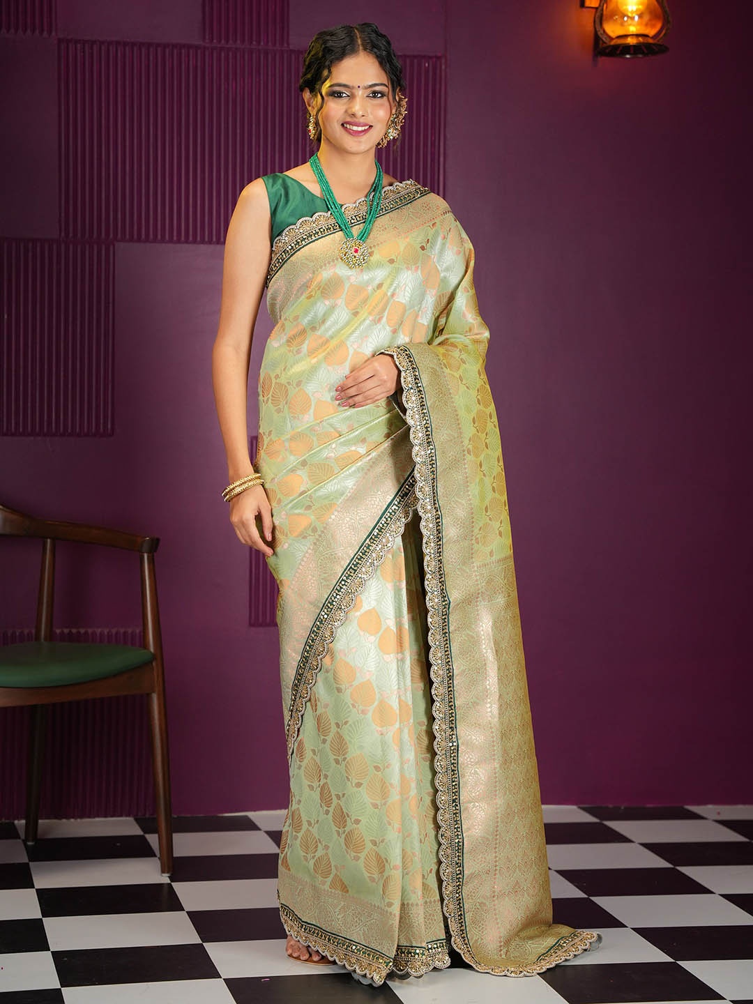 

MIMOSA Woven Design Floral Zardozi Kanjeevaram Saree, Green