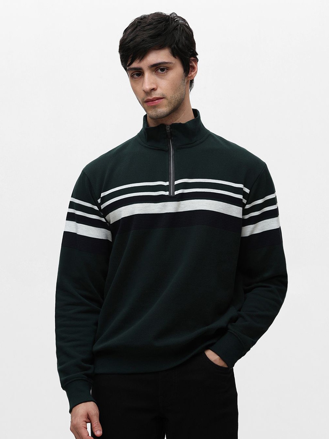 

Klub Fox Men Striped Mock Collar Fleece Sweatshirt, Green