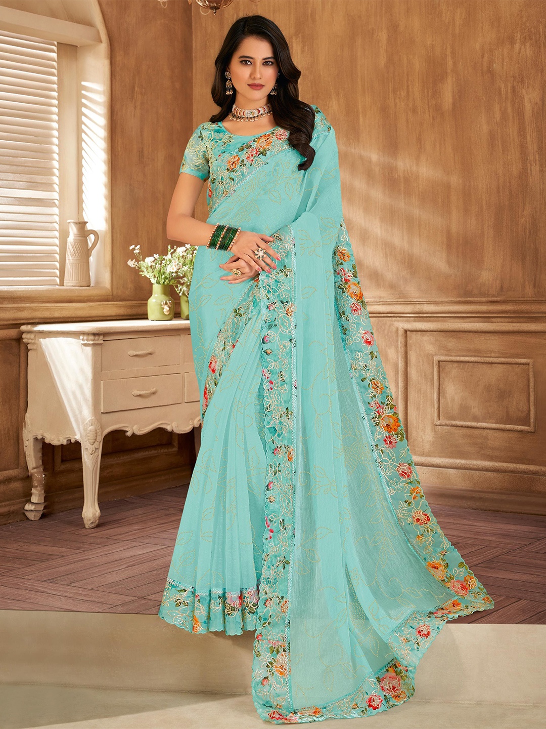 

Laxmipati Floral Satin Designer Saree, Blue