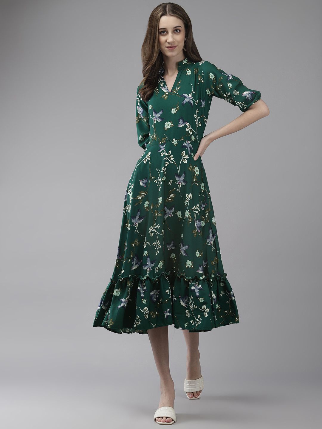 

BAESD Women Floral Printed Puff Sleeve A-Line Midi Dress, Green