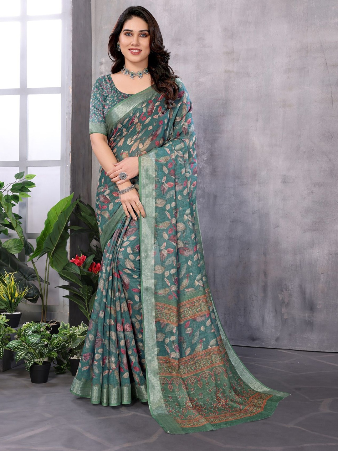 

vj fashion Floral Silk Cotton Saree, Green