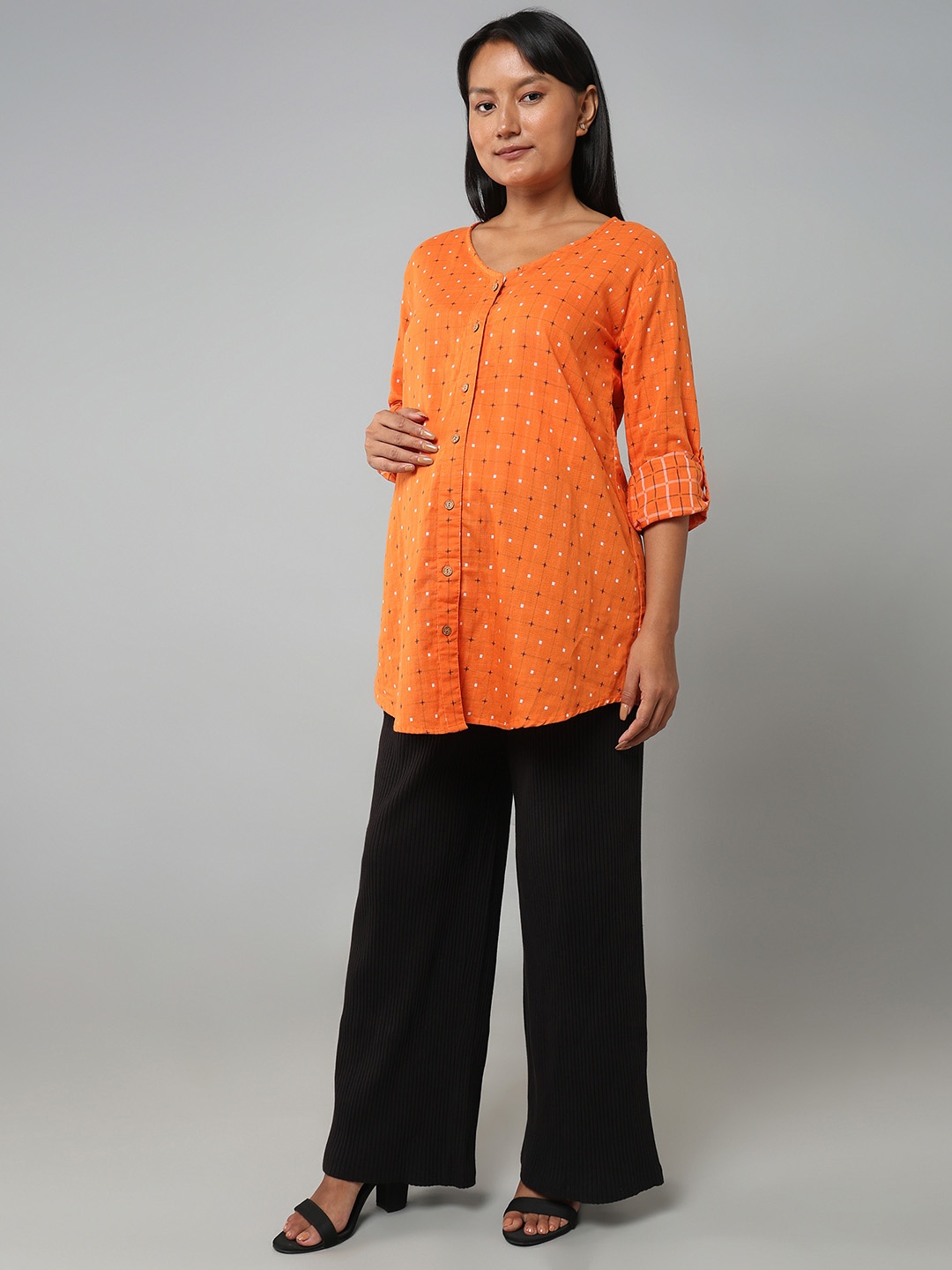 

Ed-a-Mamma Women Checked Maternity Roll-Up Sleeves Cotton Top, Orange