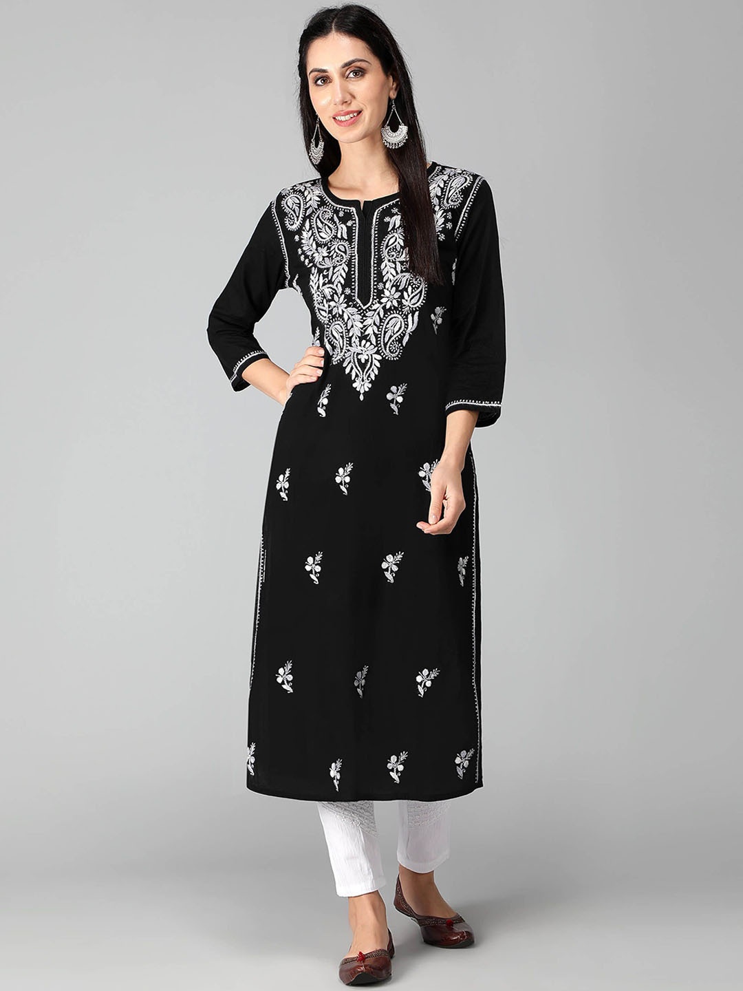 

Seva Chikan Women Pure Cotton Ethnic Motifs Embroidered Chikankari Kurtas, Black