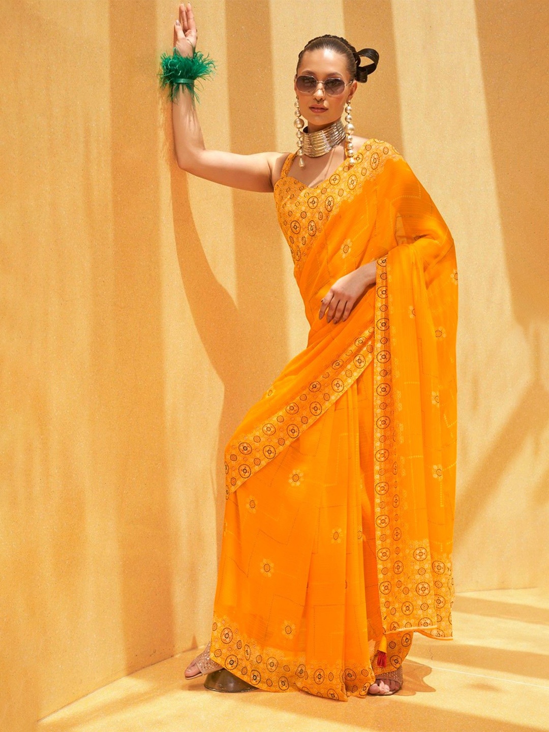

MySilkLove Ethnic Motifs Printed Pure Georgette Saree, Yellow