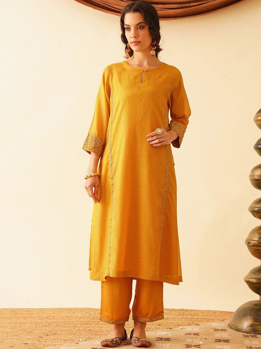 

JAYPORE Ethnic Motifs Embroidered Zari Straight Kurta With Trouser & Dupatta, Mustard