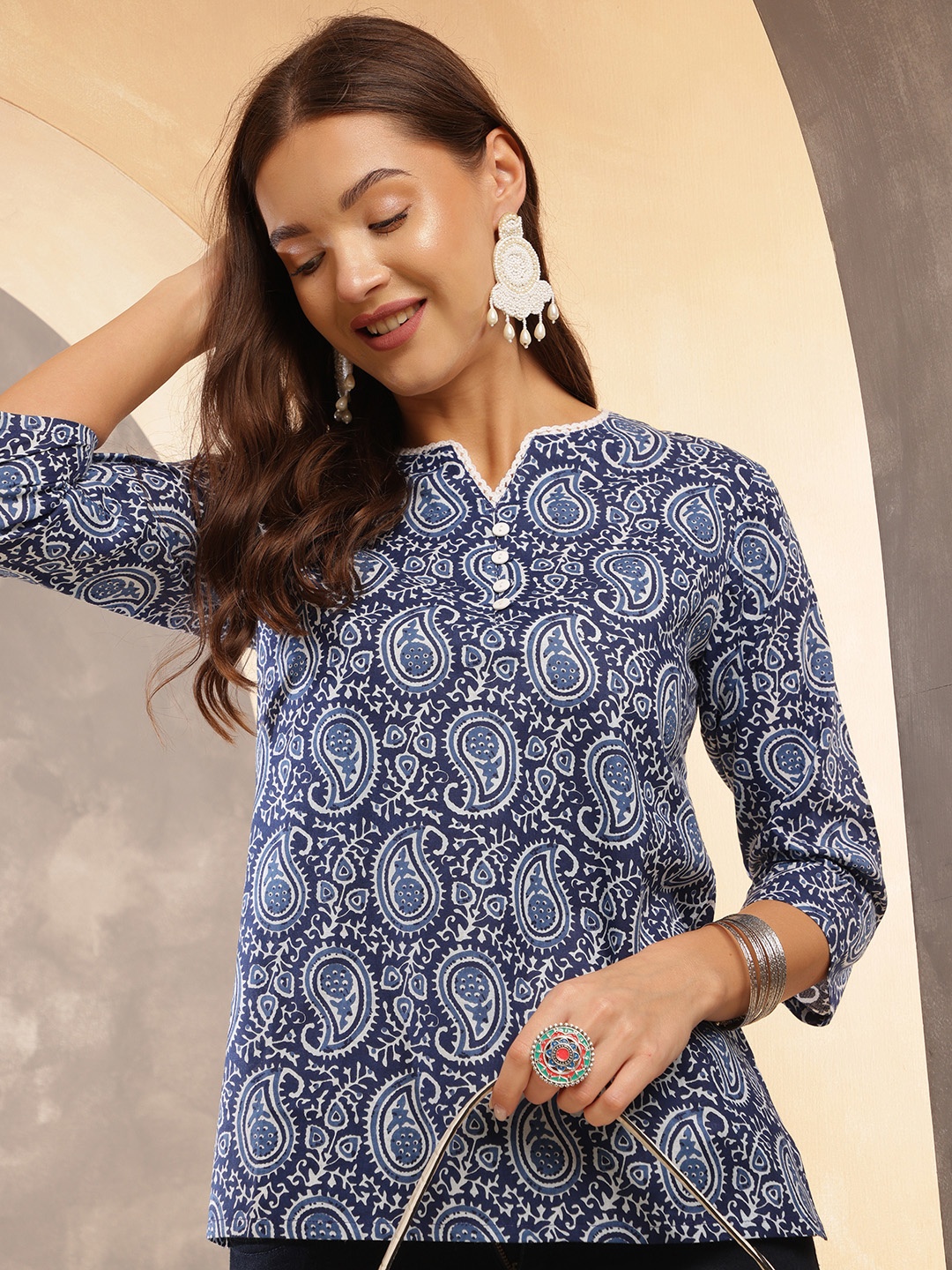 

Anouk Rustic Women Ethnic Motifs Printed Round Neck Cotton Top, Navy blue