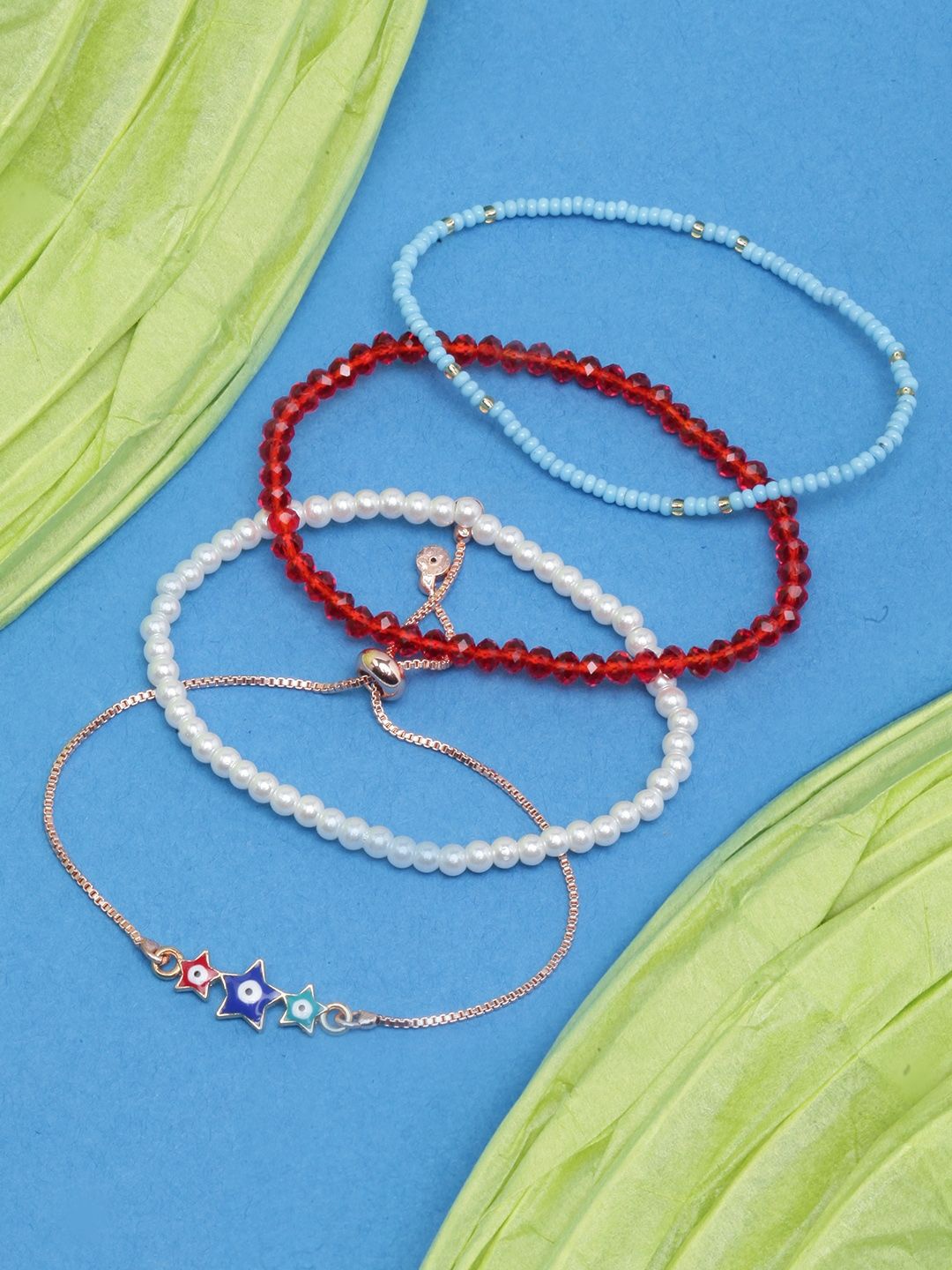 

KPOP Set Of 4 Brass Rose Gold-Plated & Beaded Stone Charm Bracelet