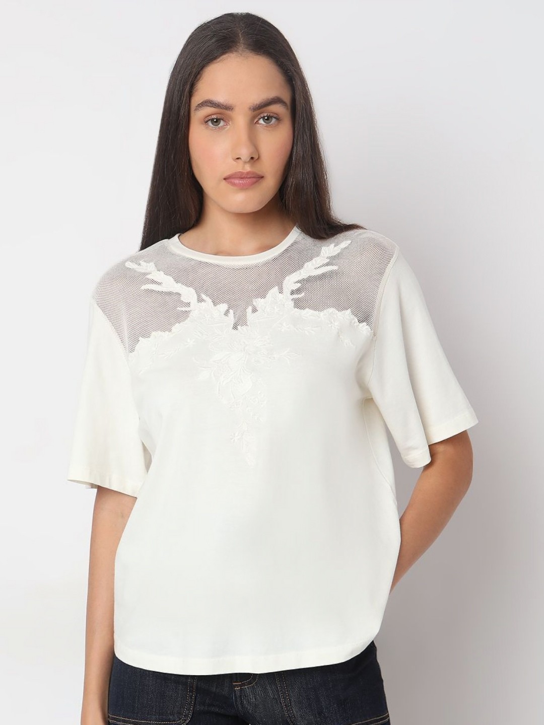 

Vero Moda Women Self Design Embroidered Round Neck Cotton T-shirt, White