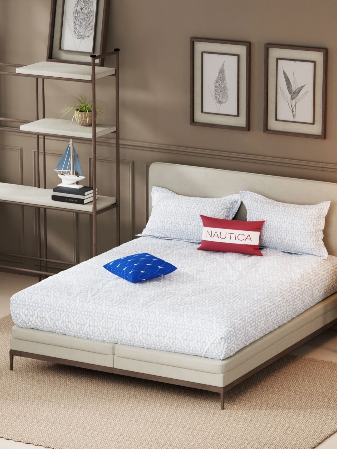 

Nautica Blue & White Printed Satin Cotton 210 TC King Bedsheet with 2 Pillow Covers