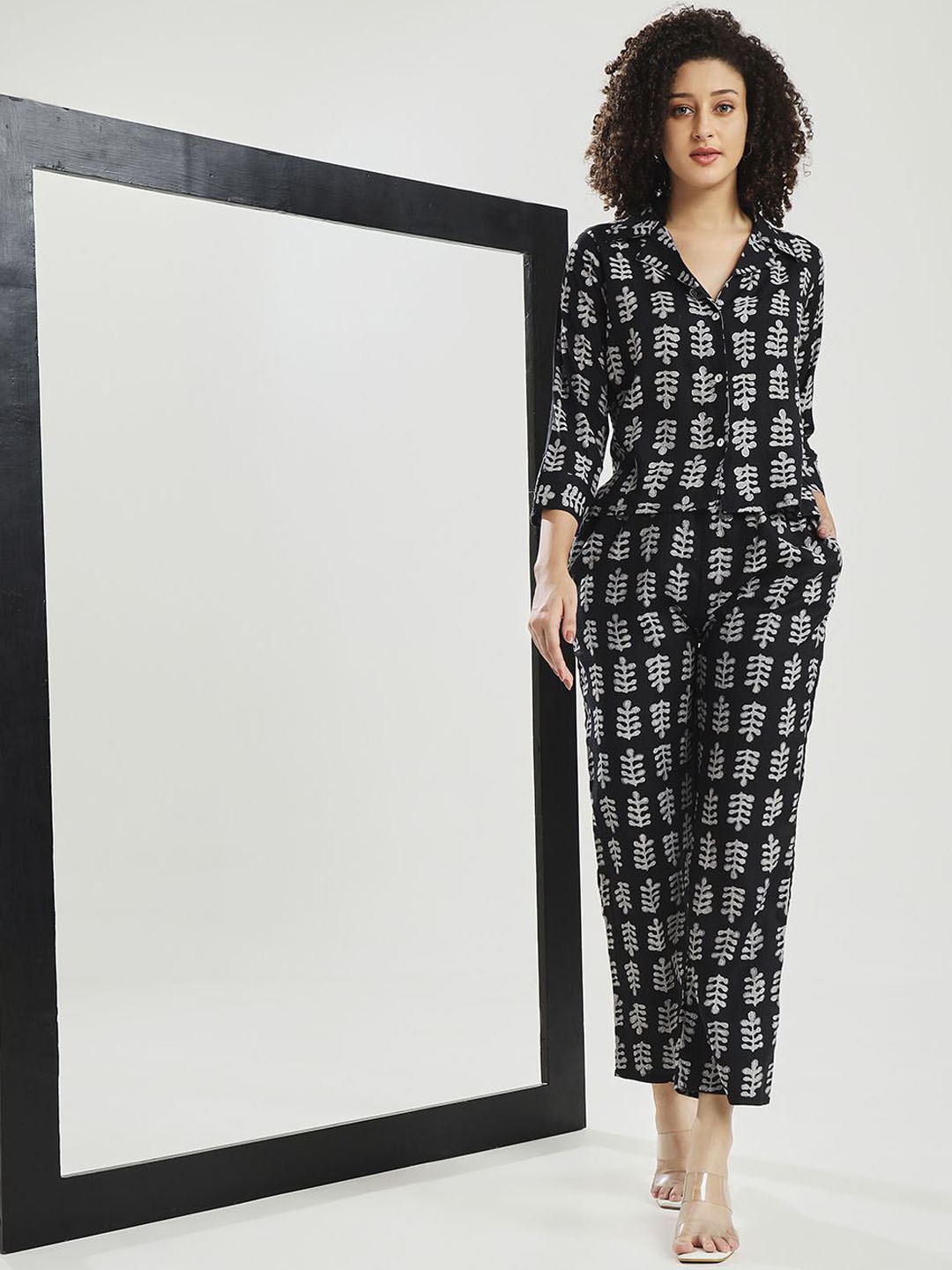 

CARTYSHOP Women Printed Pure Cotton Shirt With Trouser Co-Ords, Black