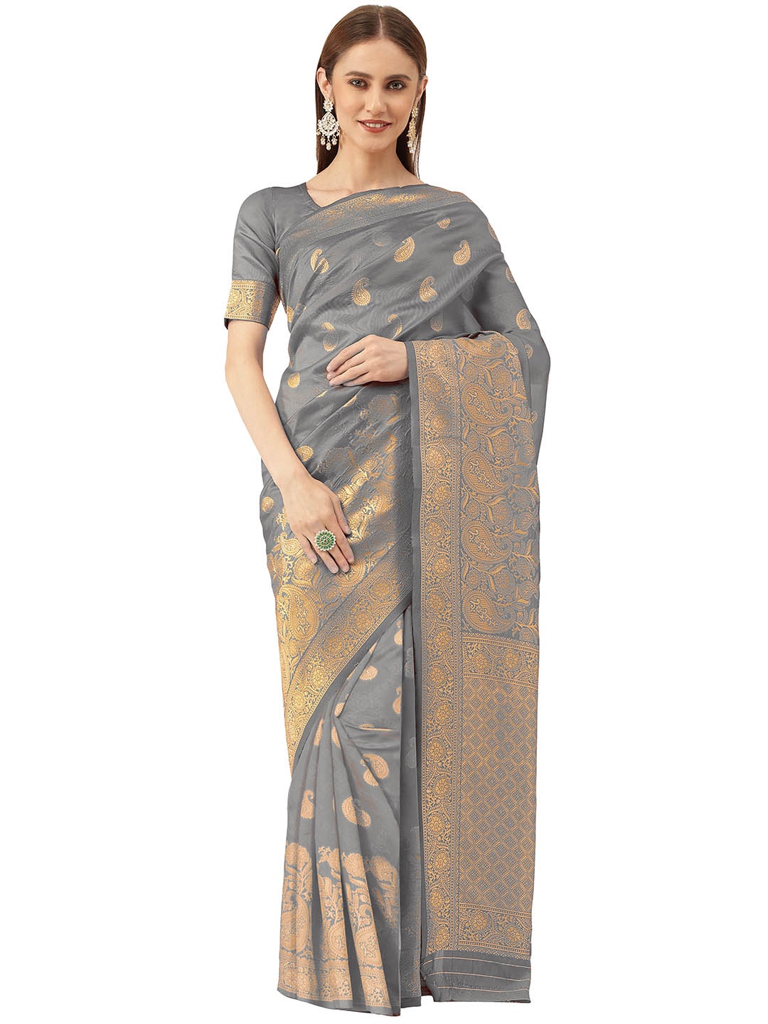 

Maroosh Ethnic Motifs Woven Design Zari Banarasi Saree, Grey