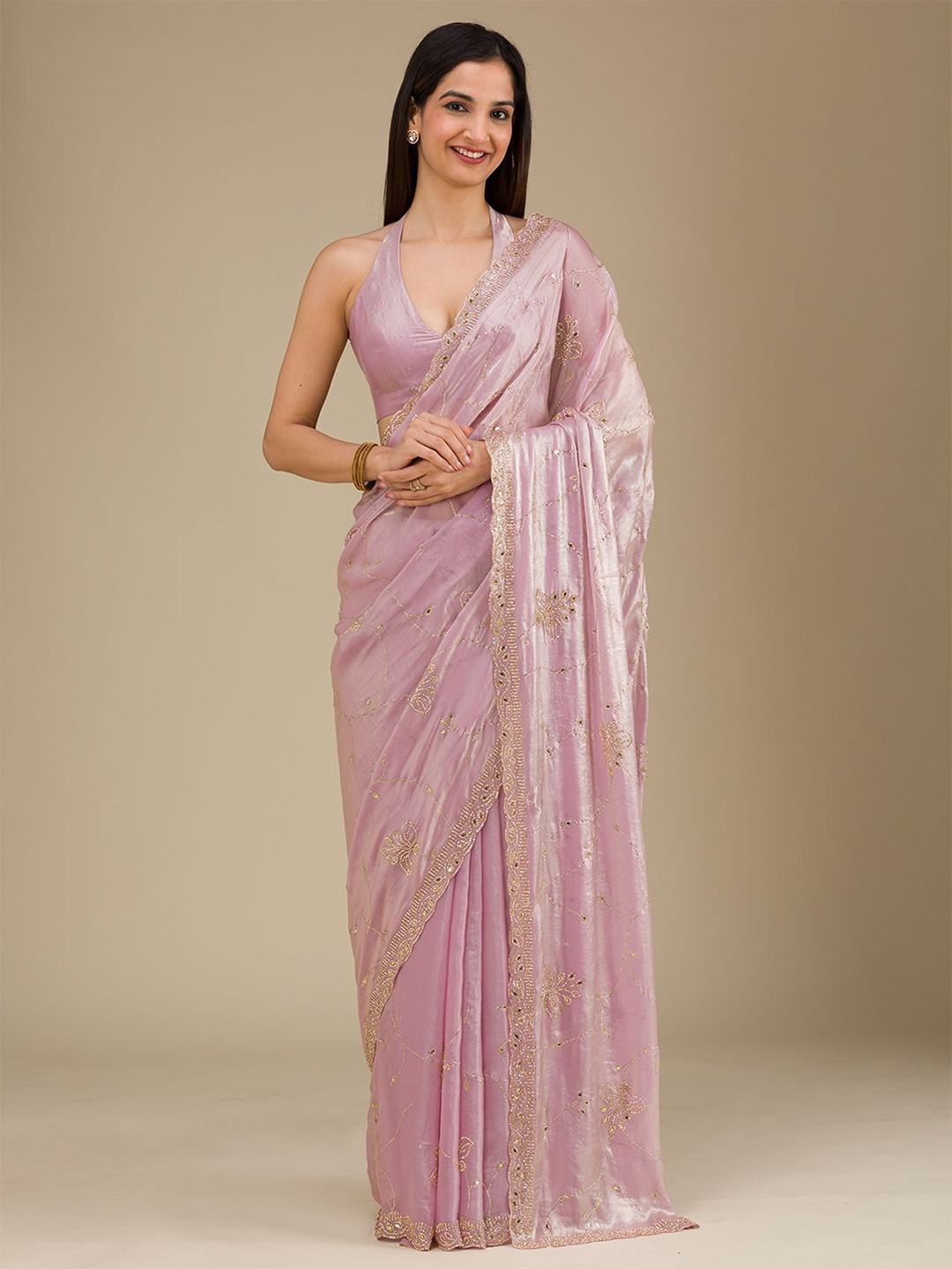 

Koskii Floral Embroidered Tissue Saree, Pink