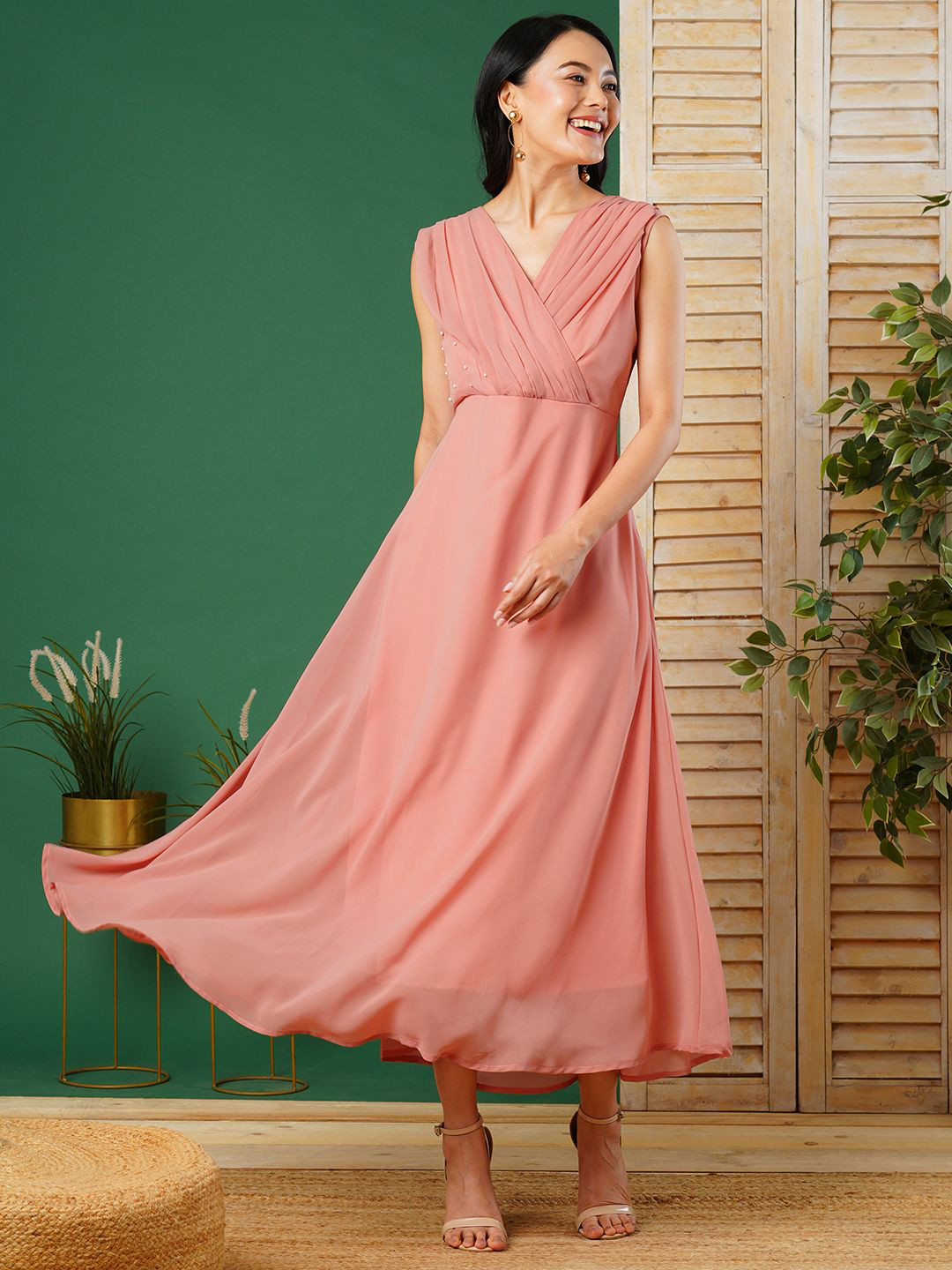 

CARTYSHOP Women V Neck Sleevless A-Line Maxi Dress, Peach