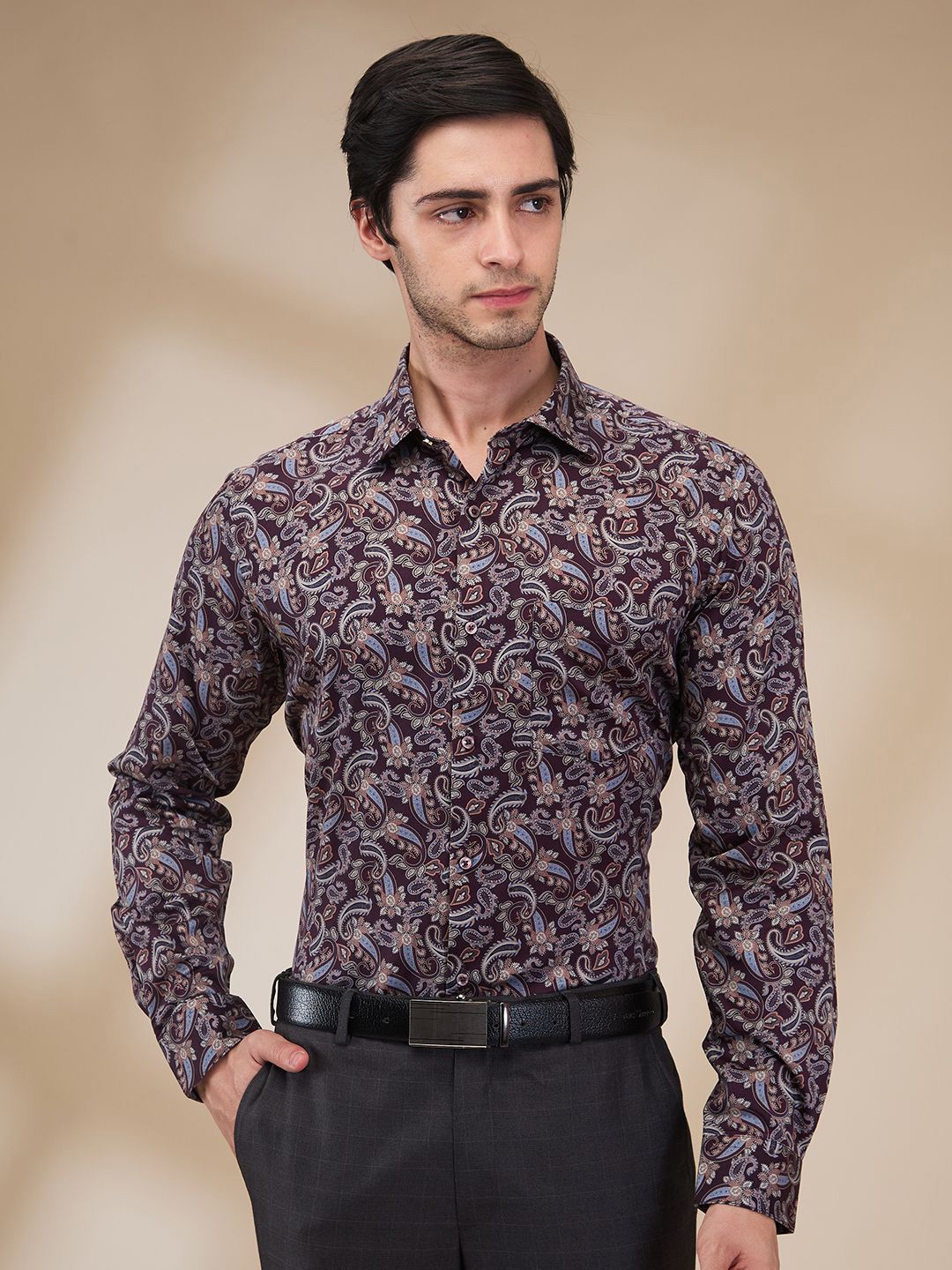 

Park Avenue Men Spread Collar Ethnic Motifs Printed Cotton Slim Fit Formal Shirt, Maroon