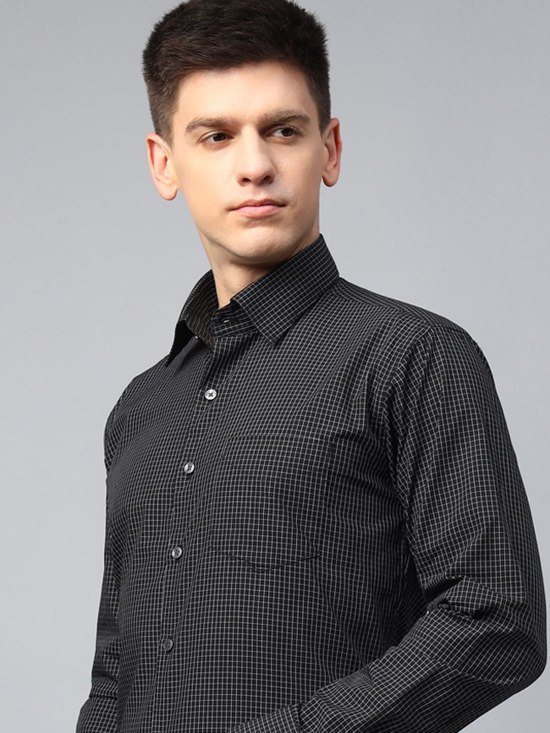 

Hancock Men Slim Fit Micro Checked Opaque Pure Cotton Formal Shirt, Black