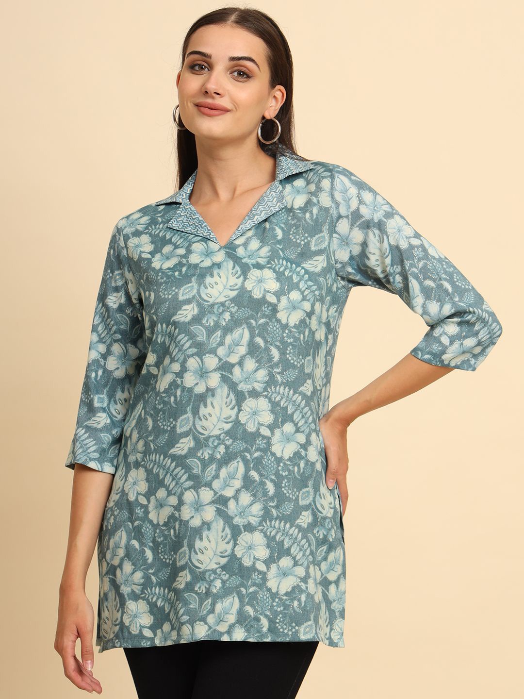 

Anouk Rustic Women Floral Printed Shirt Collar Kurti, Blue