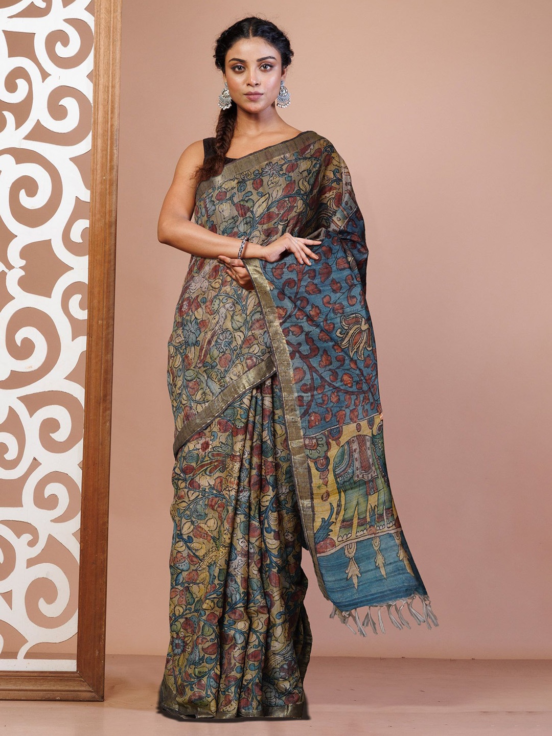 

Unnati Silks Kalamkari Zari Pure Silk Handloom Tussar Saree, Blue