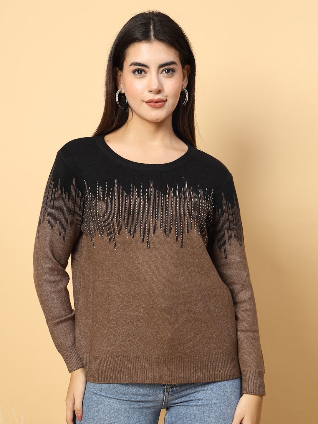 

Mafadeny Women Pullover Ribbed Embellished Sweaters, Brown