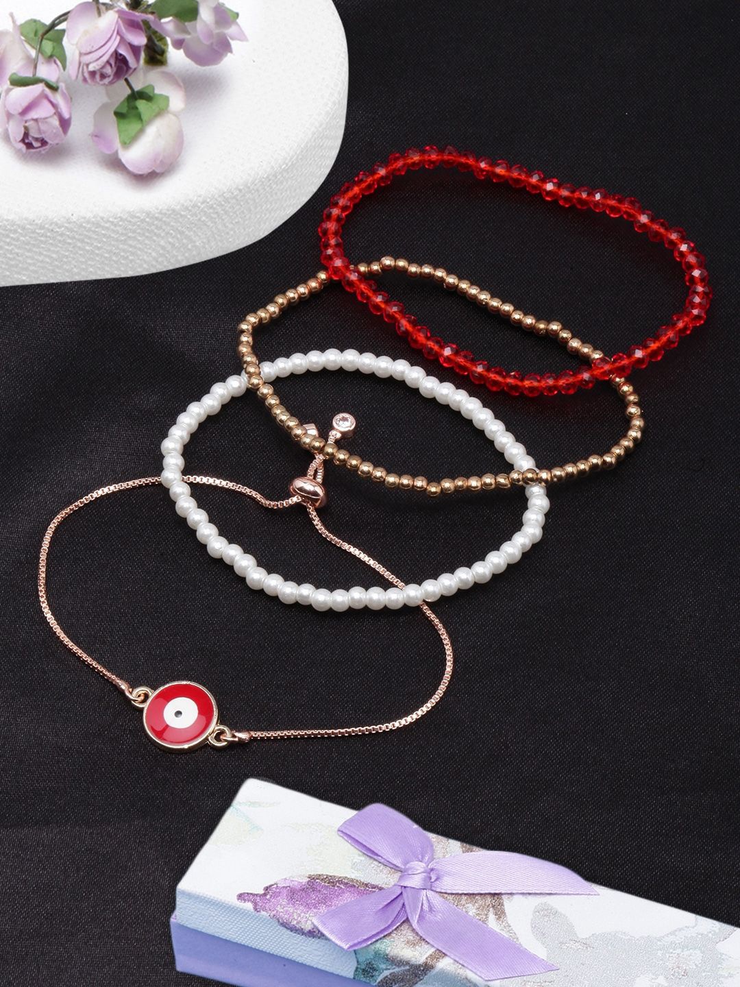 

KPOP Set Of 4 Rose Gold-Plated Beaded Charm Bracelet