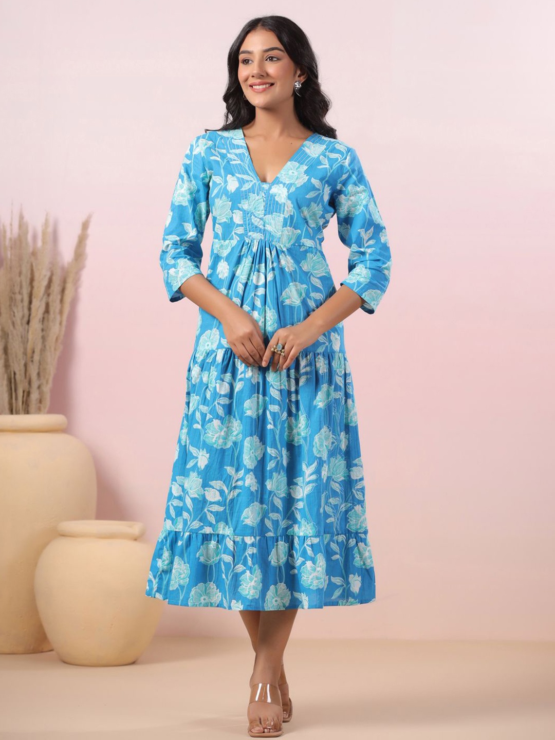 

LYFJ Floral Print Cotton V-Neck A-Line Midi Dress, Blue