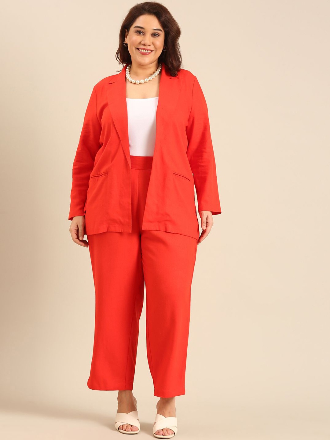 

The Pink Moon Plus Size Shirt Collar Linen Blazer With Trousers, Orange