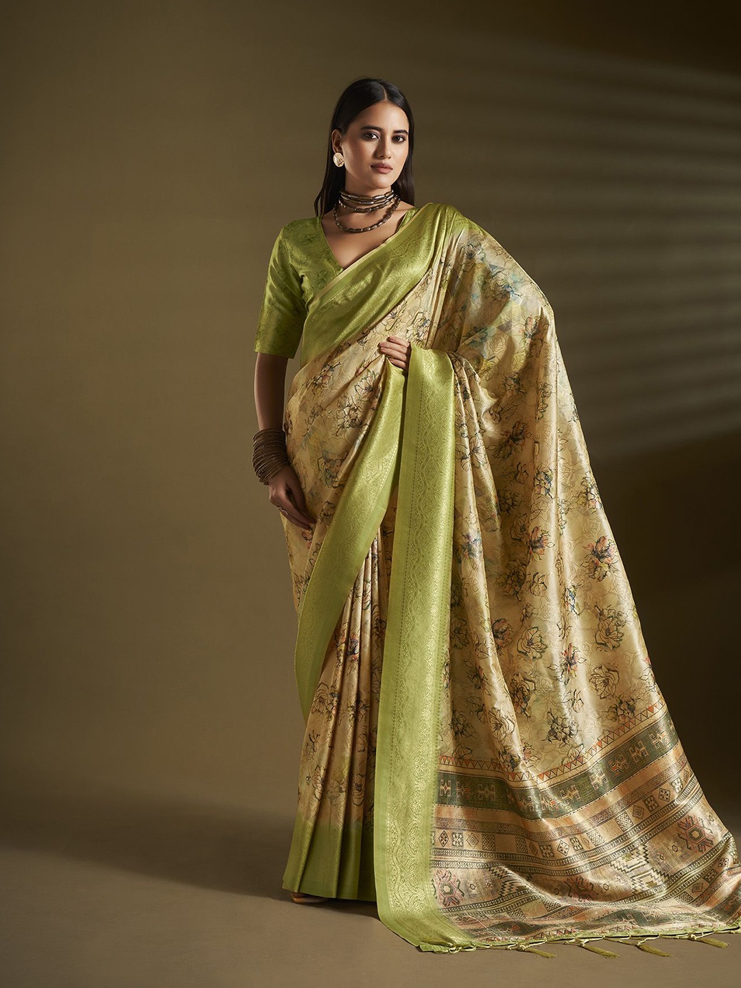 

elora Floral Printed Pure Silk Saree, Beige
