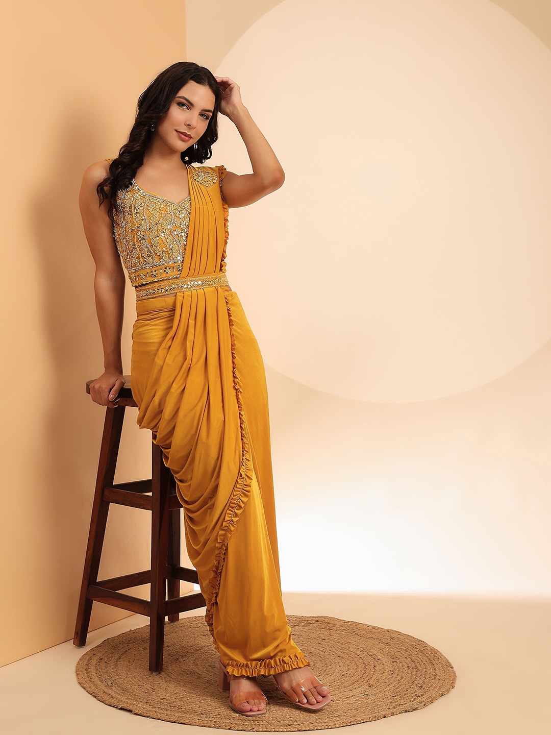

AMOHA TRENDZ Women Embellished Beads and Stones Ready to Wear Saree, Mustard