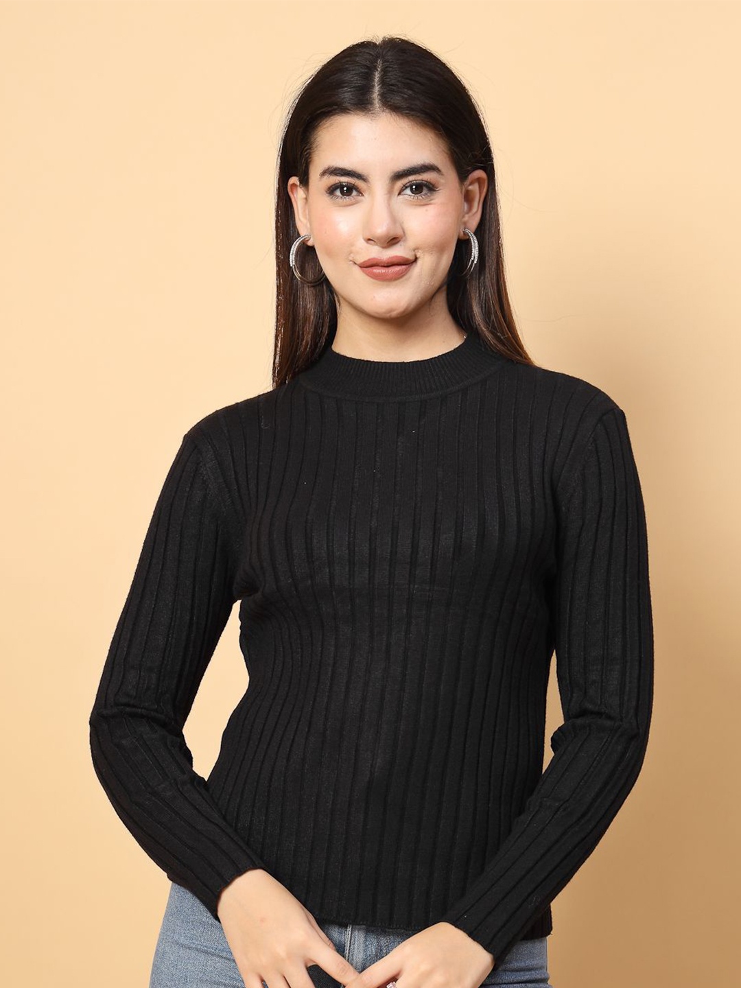 

Mafadeny Women Self Design Round Neck Sweater, Black