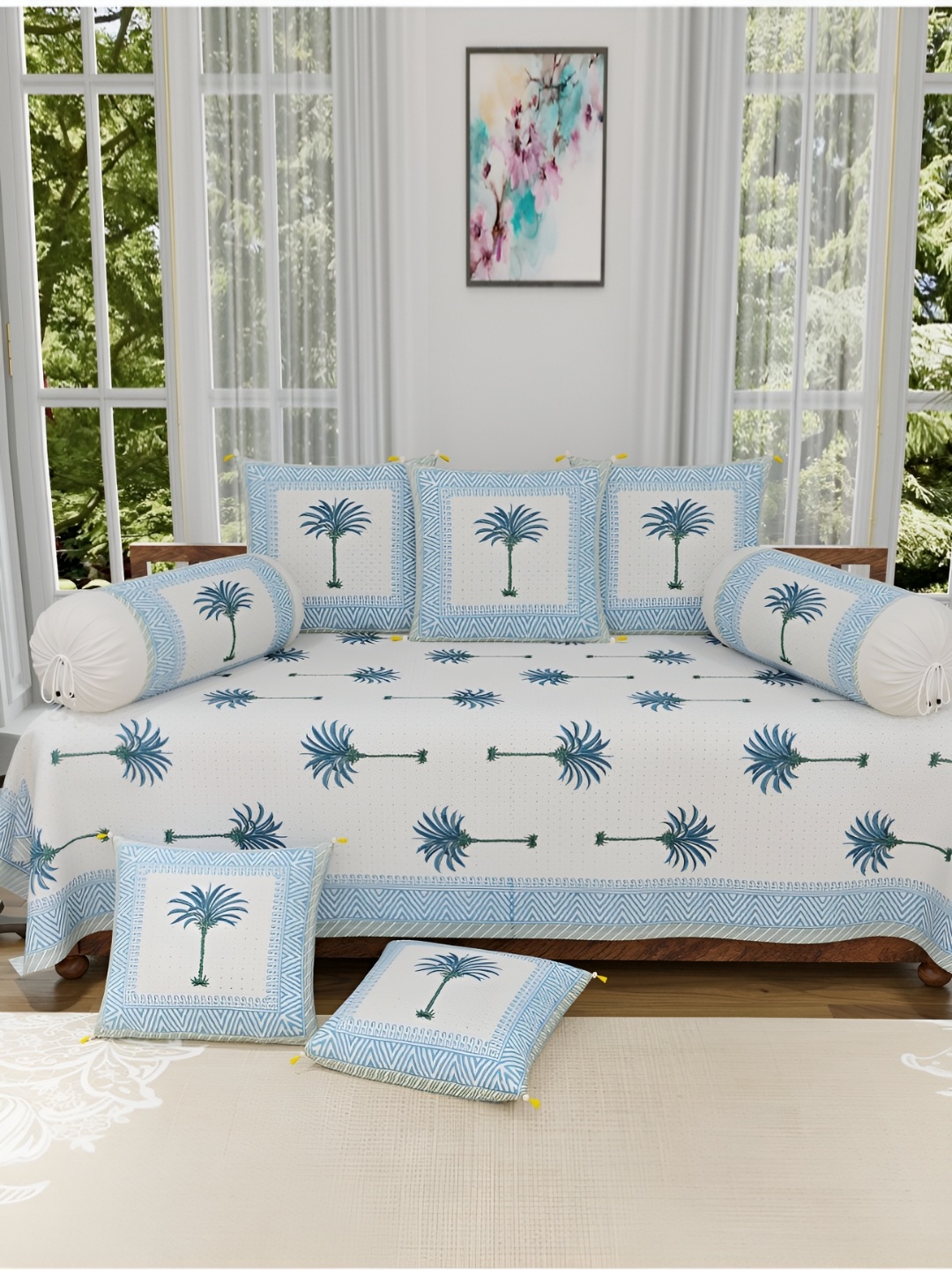 

The Craft Monk White & Blue 8 Pieces Floral Printed Pure Cotton Diwan Set