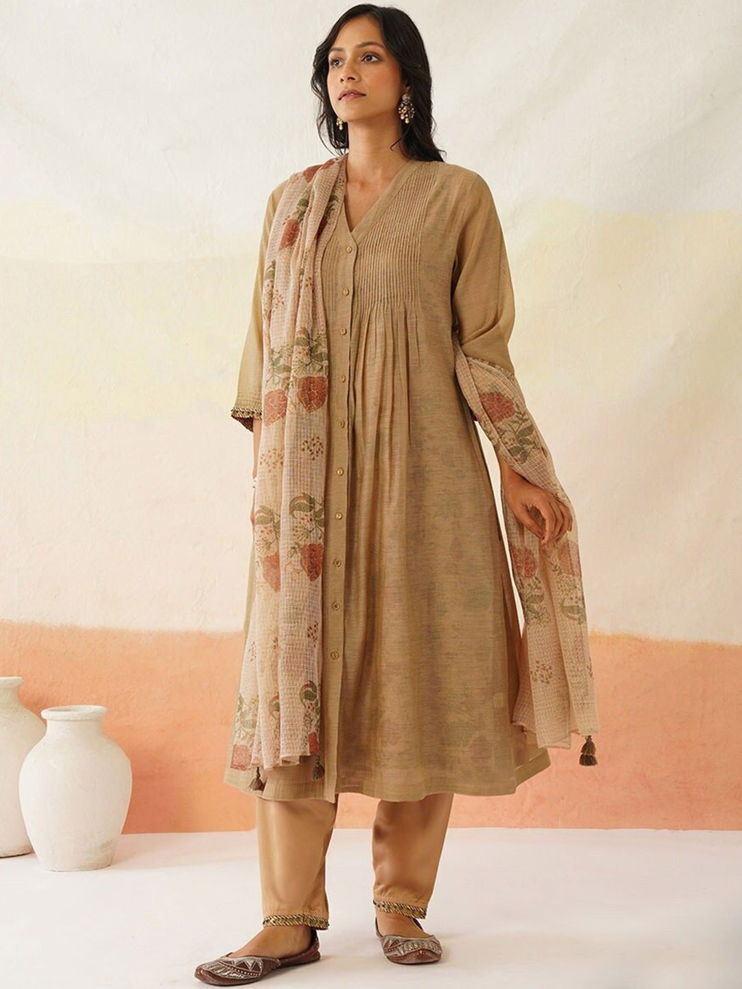 

JAYPORE Floral Pleated Sequinned A-Line Kurta with Trousers & With Dupatta, Beige