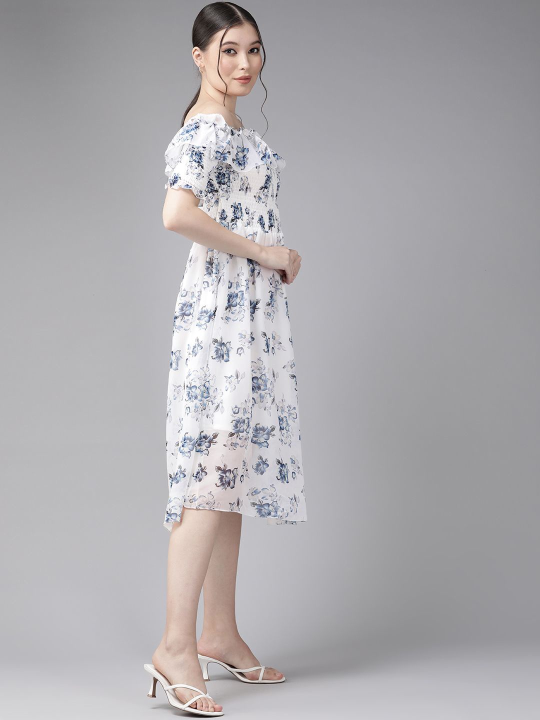 

BAESD Floral Women Print A-Line Midi Dress, White