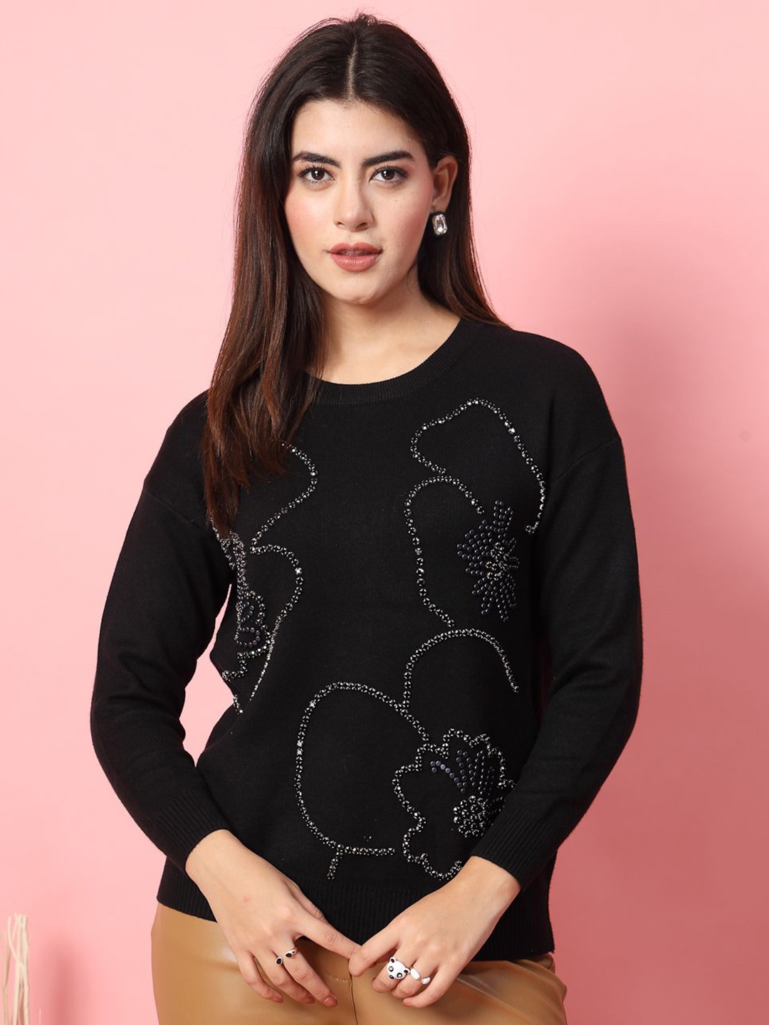 

Mafadeny Women Graphic Embellished Sweater, Black