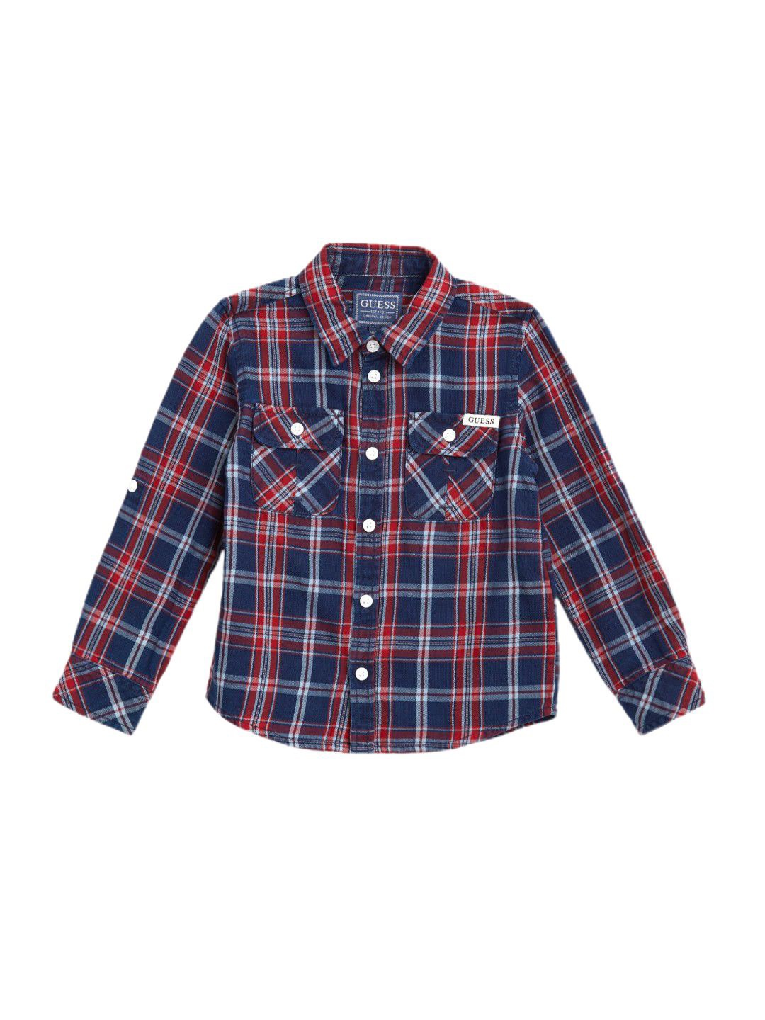 

GUESS kids Boys Comfort Spread Collar Tartan Checked Cotton Casual Shirt, Navy blue