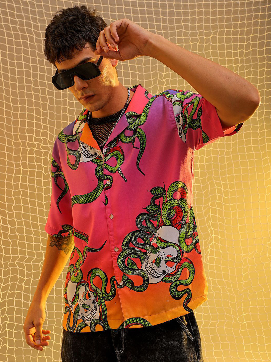 

The Indian Garage Co Men Cuban Collar Animal Printed Oversized Resortwear Shirt, Pink