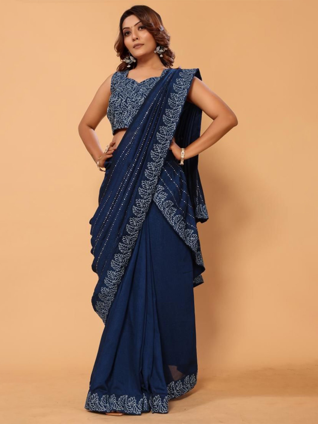 

PATLANI STYLE Floral Embroidered Ready to Wear Saree, Blue