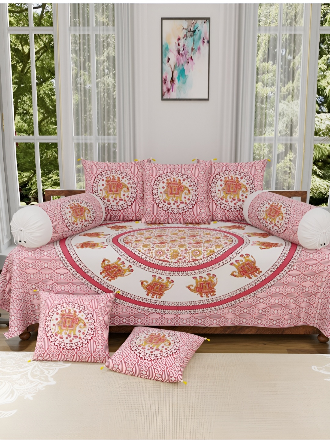 

The Craft Monk White & Pink 8 Pieces Floral Printed Pure Cotton Diwan Set