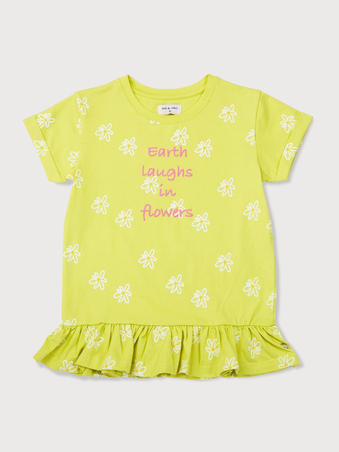 

Gini and Jony Girls Floral Printed Round Neck Cotton Top, Lime green