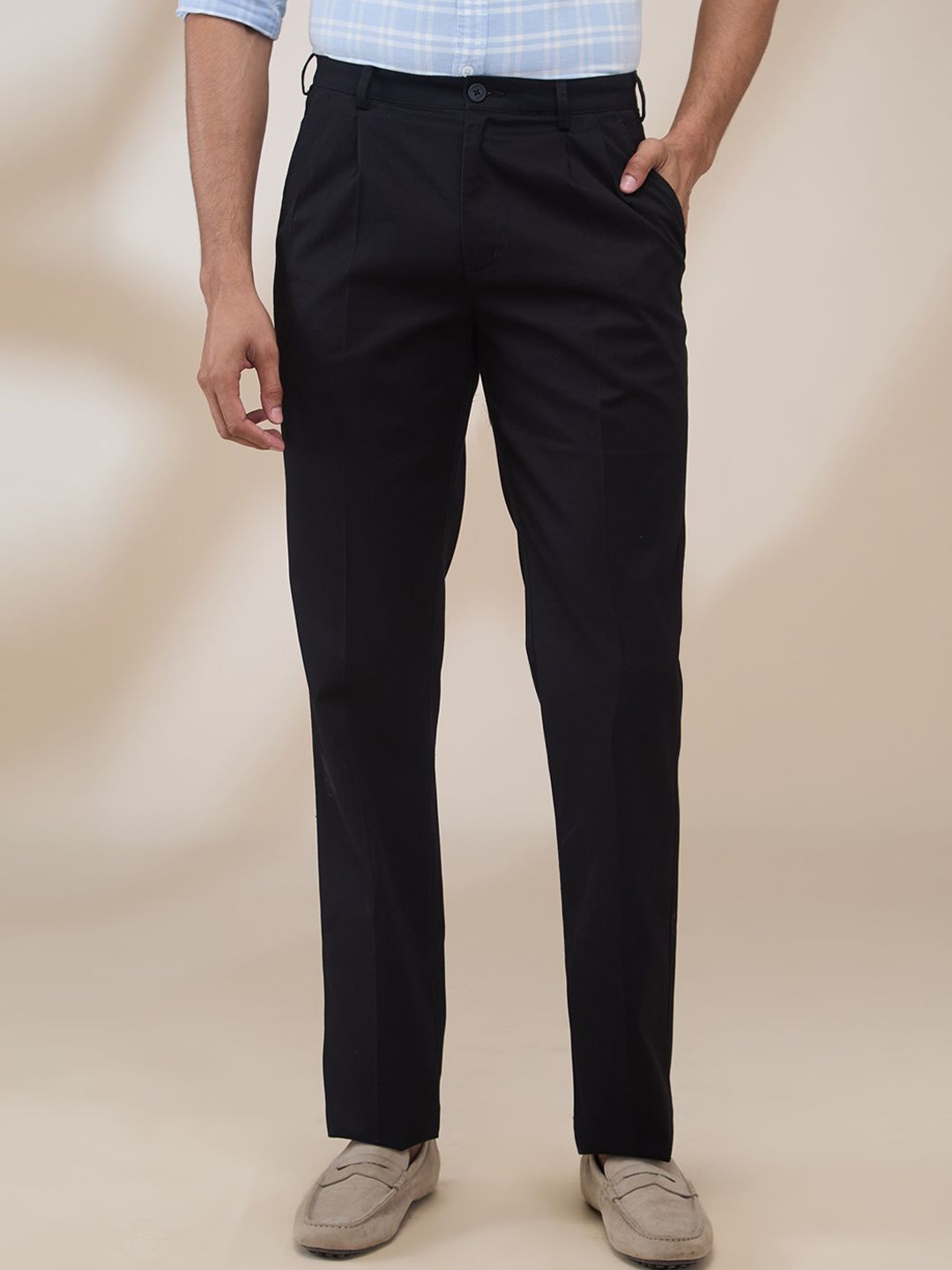 

ColorPlus Men Comfort Pleated Cotton Formal Trousers, Black