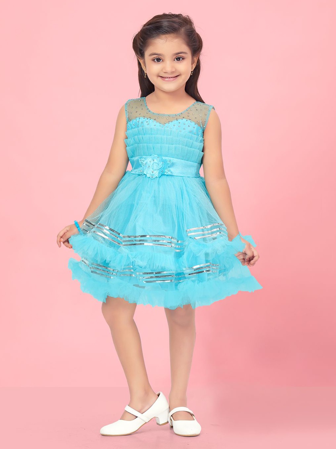

BAESD Girl Self Design Lace Frills Bows and Ruffles Fit & Flare DressComes with a belt, Turquoise blue