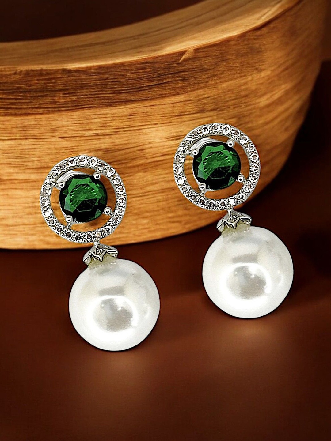 

9blings Silver Plated American Diamond Studded Circular Drop Earrings, Green