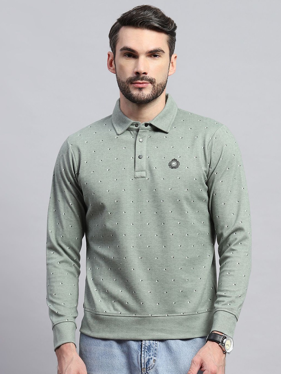 

Monte Carlo Men Shirt Collar Geometric Printed Cotton Sweatshirt, Green