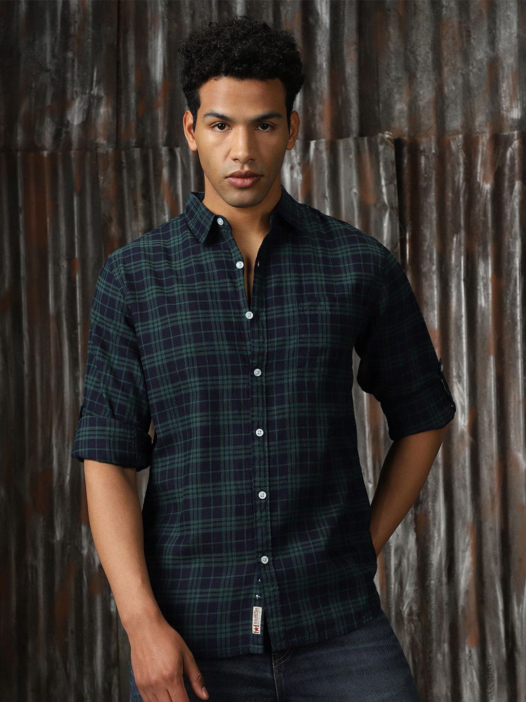 

High Star Men Classic Spread Collar Tartan Checked Cotton Casual Shirt, Navy blue