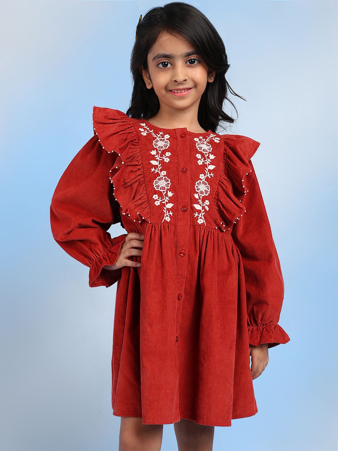 

The Tribe Kids Solid Embroidered Cotton A-Line Dress, Rust