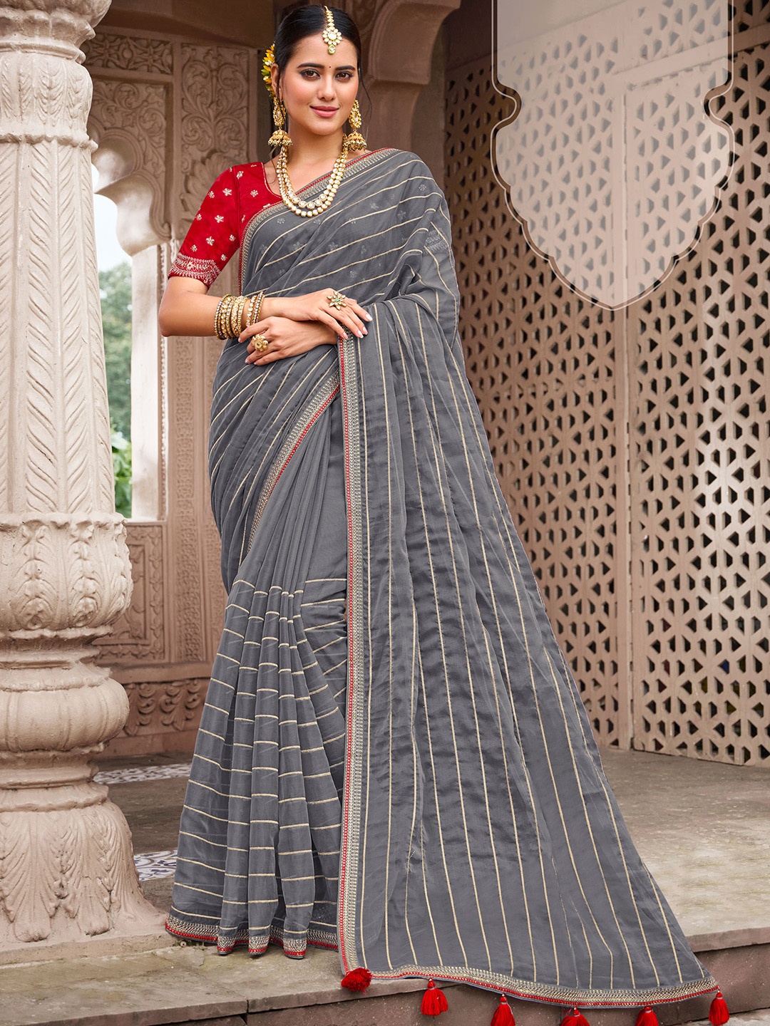 

Laxmipati Striped Embroidered Organza Saree, Grey