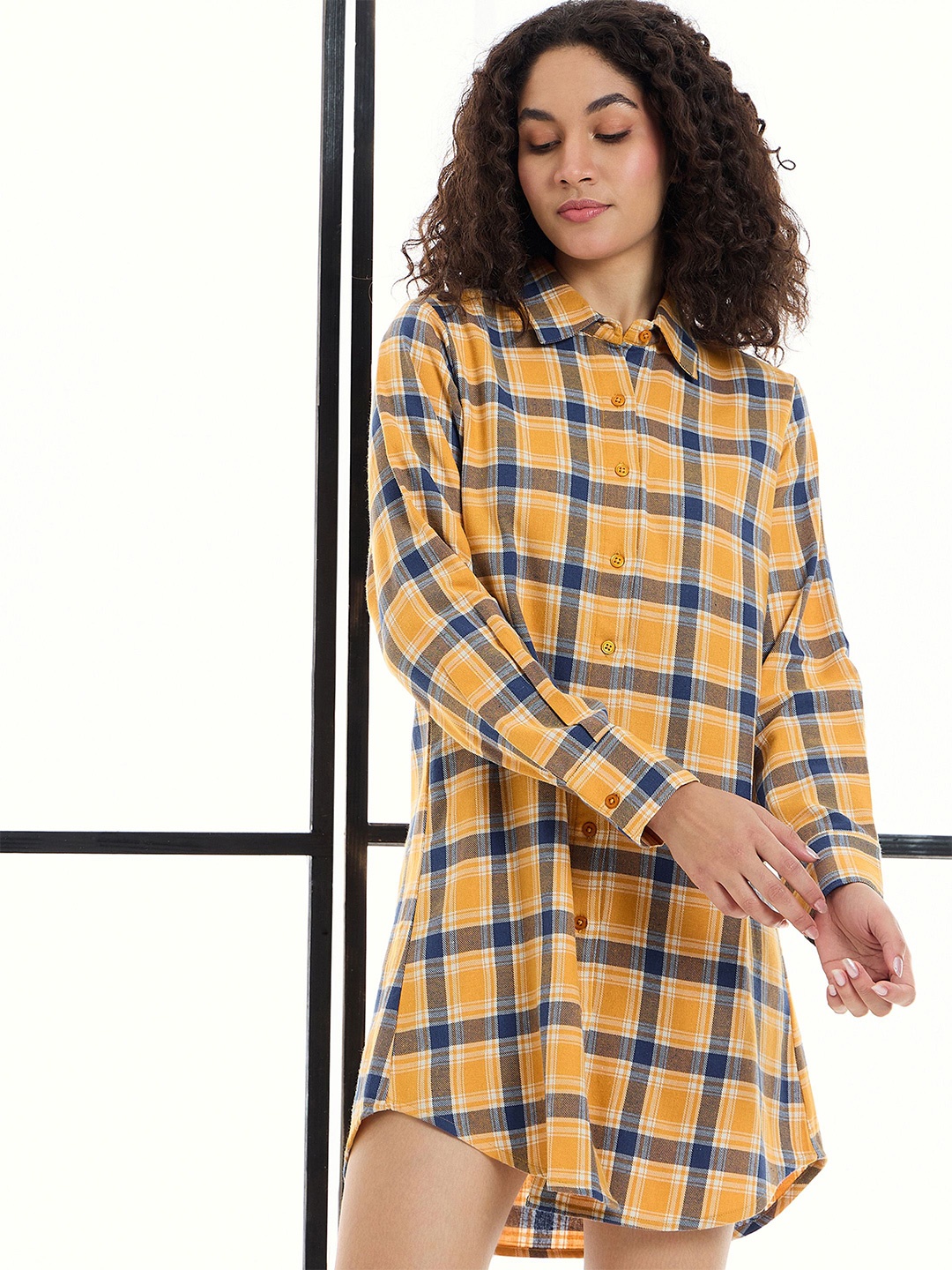 

SASSAFRAS alt-laze Women Everyday Pure Cotton Checked Nightdress, Yellow