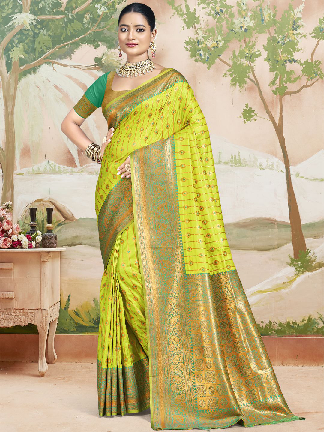 

SANGAM PRINTS Woven Design Zari Tussar Saree, Sea green