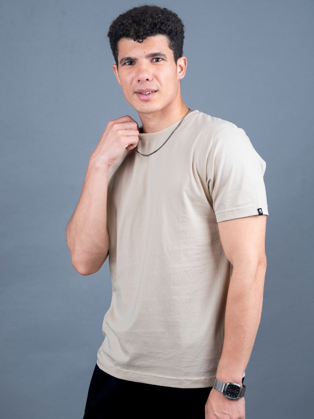

PRONK Men Solid Round Neck Cotton T-shirt, Beige