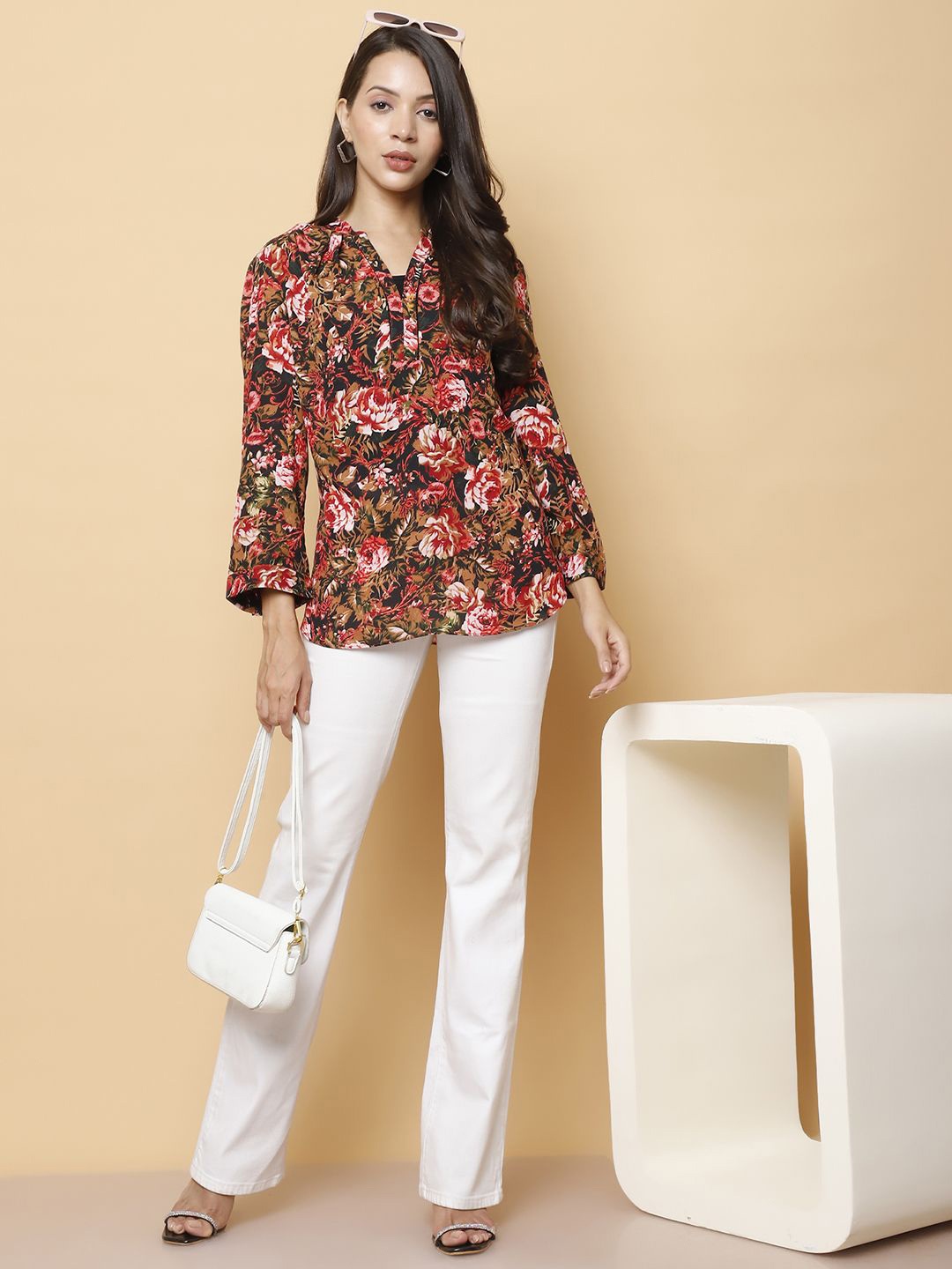 

250 DESIGNS Women Floral Printed Mandarin Collar Top, Black